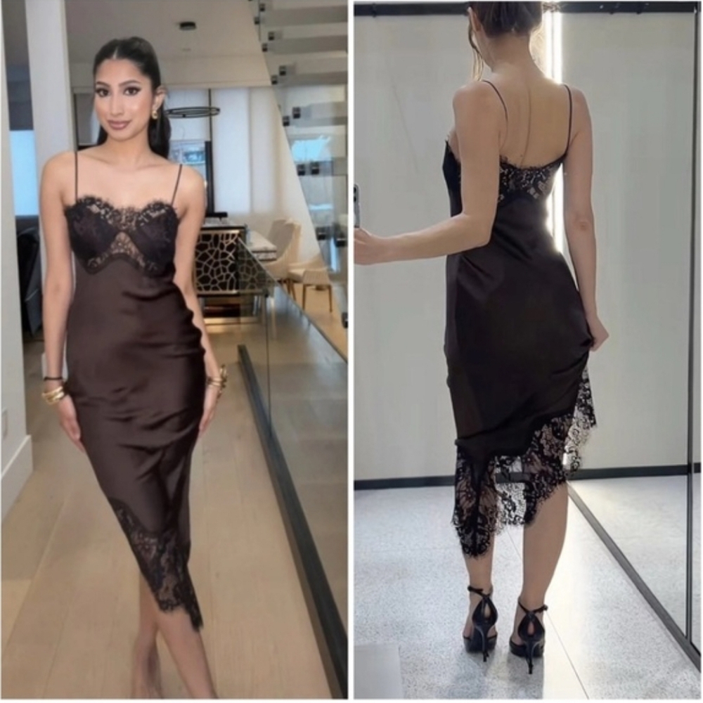 Zara ASYMMETRIC SATIN LACE DRESS Brown Black Size XS S NWT - Picture 9 of 16
